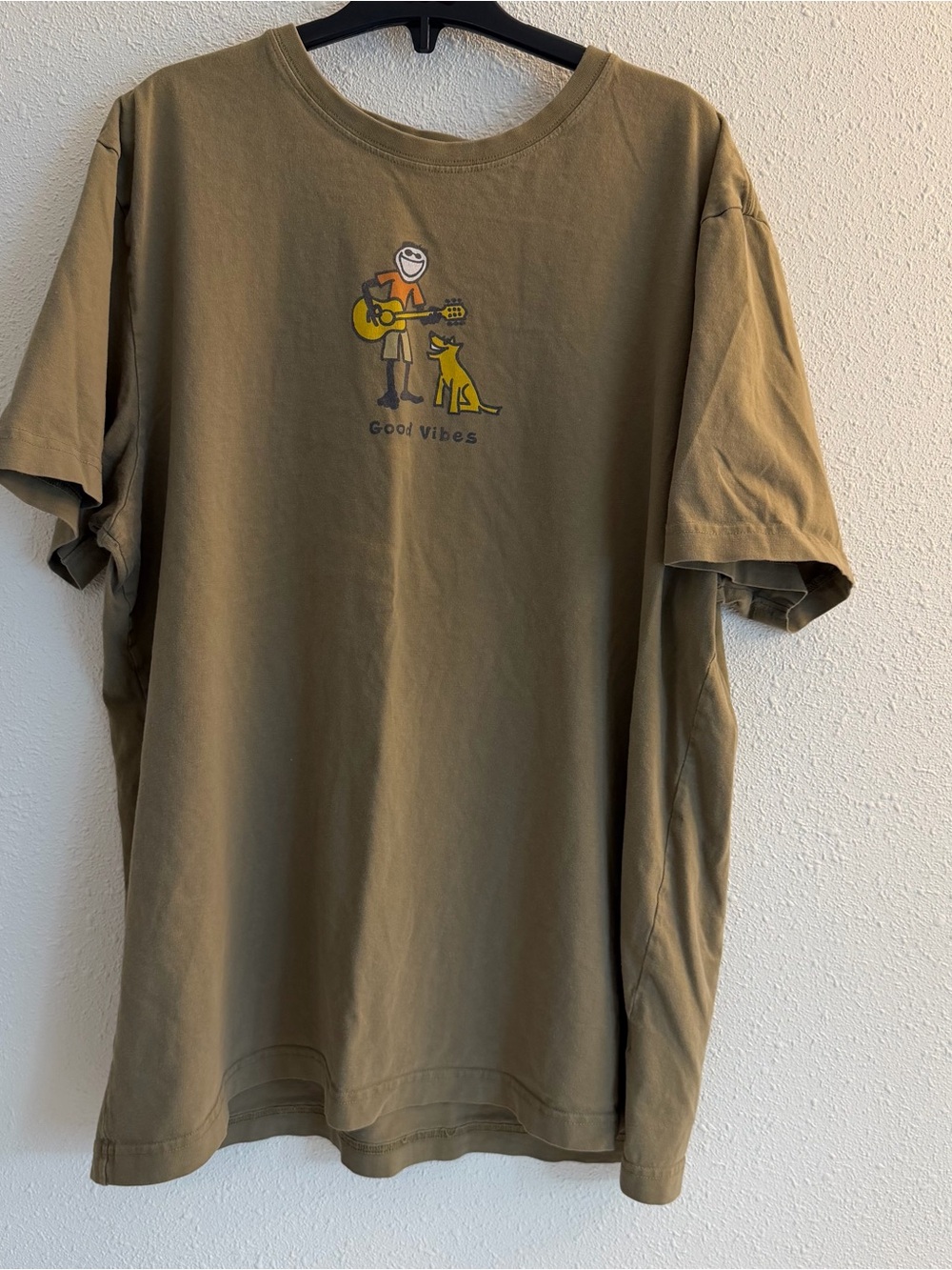 Life Is Good Olive Green Short Sleeve Tee with Guitar & Dog Graphic